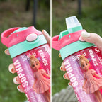 Personalized Kids Water Bottle Custom 3D Cartoon Character BPA Free 16oz Transparent Sports Water Bottle with Straw Handle and Name Birthday Back to Schoold Xmas Gifts for Boys Girls