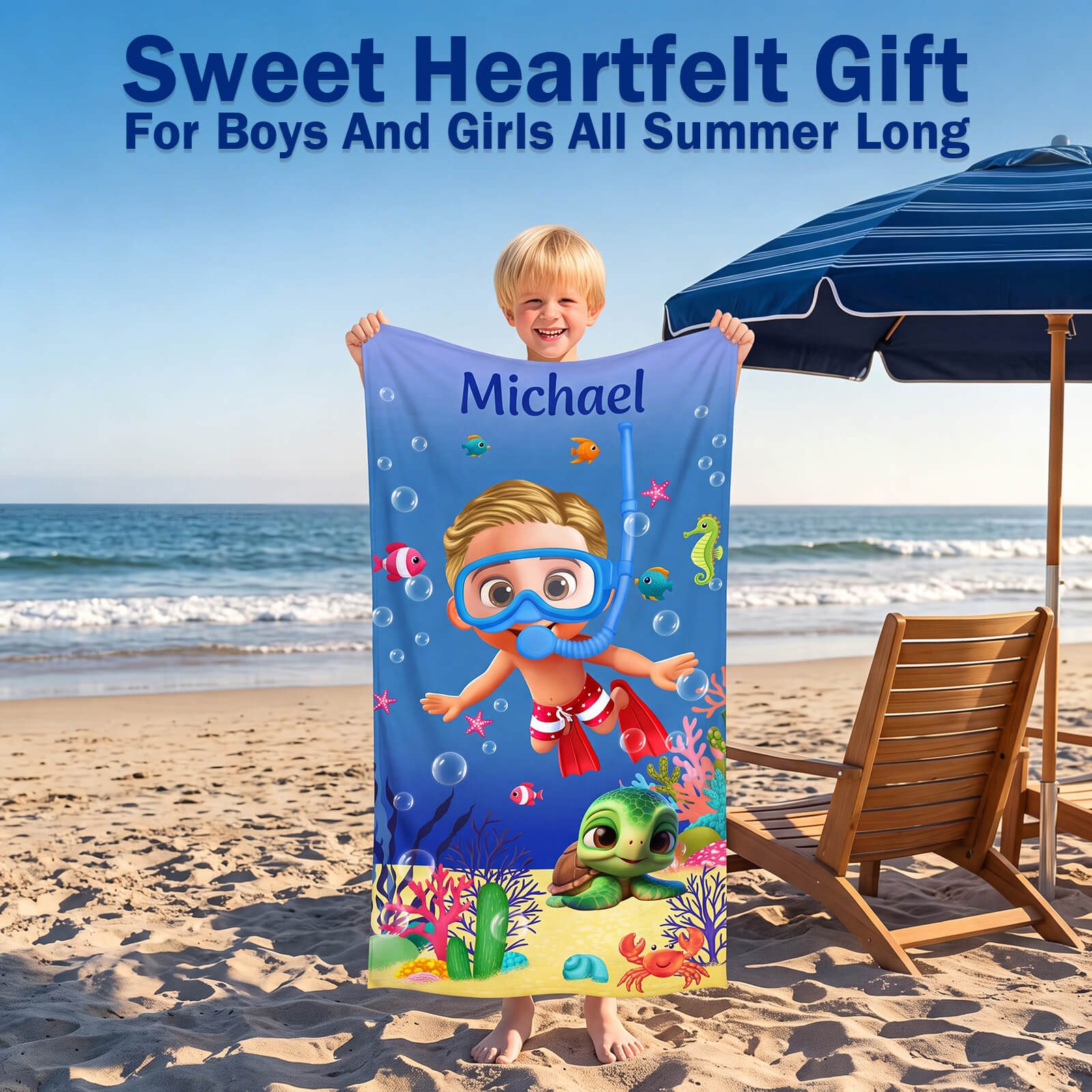 Personalized Kids Beach Towel Cute 3D Diver Kid Diving Boy Cartoon Print Towel Custom Name Quick Dry Microfiber Fabric for Summer Vacation Beach Party Birthday Gifts for Kids Boys Girls