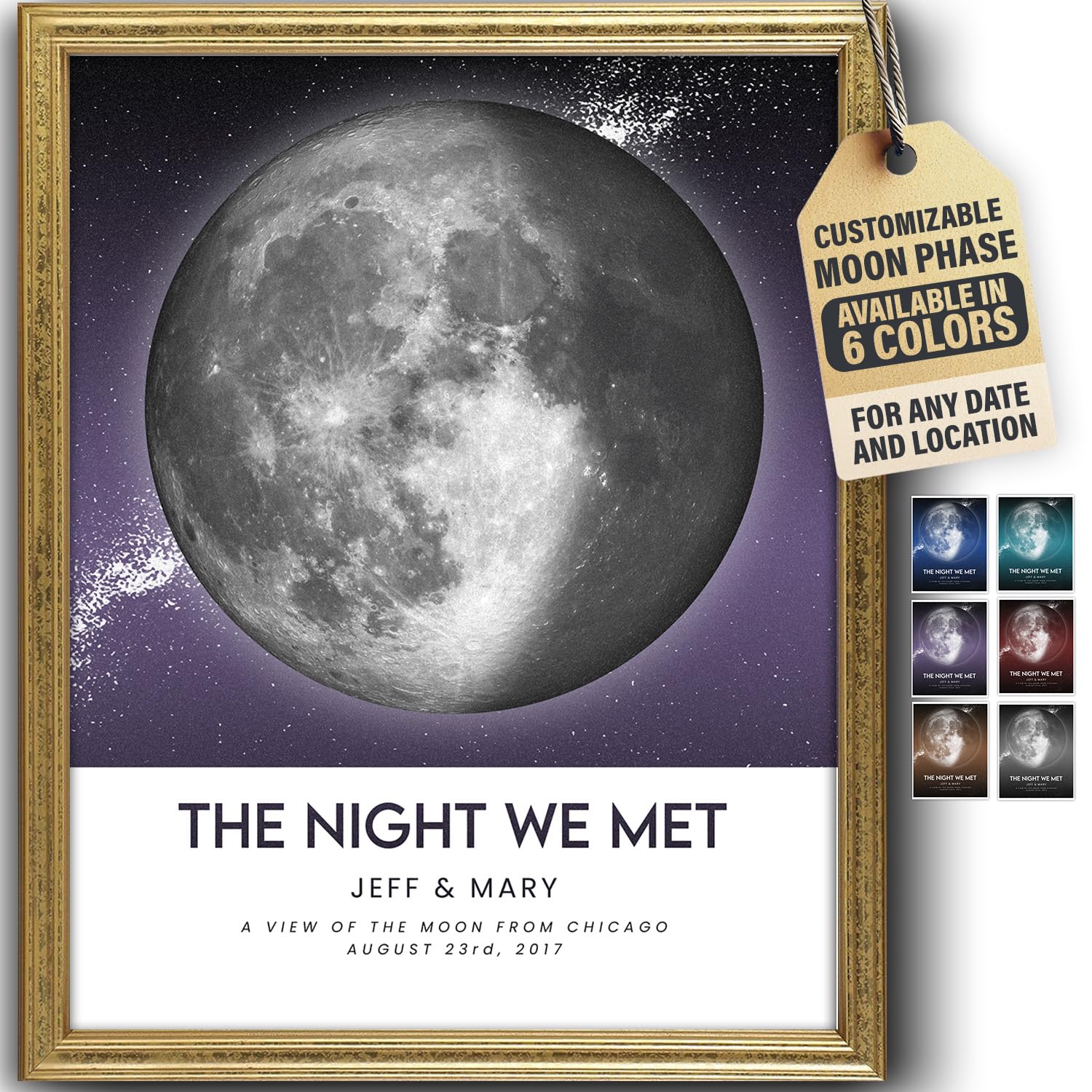 Custom Moon Phase Gift for Specific Date | Romantic Gifts for Her | Gifts for Husband | Personalized Night Sky | Paper Anniversary | (e.g. Wedding Valentine's Day Birthday etc) | Grey with Thin Border & Front Glow