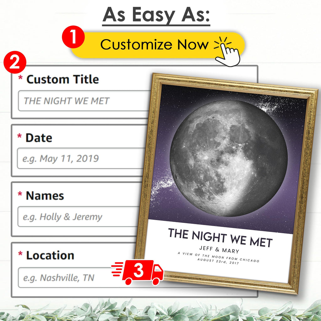 Custom Moon Phase Gift for Specific Date | Romantic Gifts for Her | Gifts for Husband | Personalized Night Sky | Paper Anniversary | (e.g. Wedding Valentine's Day Birthday etc) | Grey with Thin Border & Front Glow