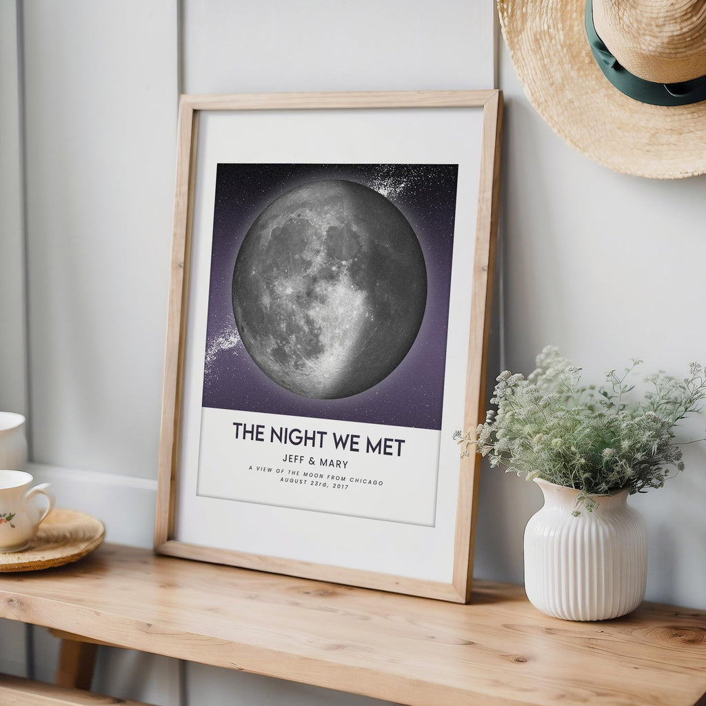 Custom Moon Phase Gift for Specific Date | Romantic Gifts for Her | Gifts for Husband | Personalized Night Sky | Paper Anniversary | (e.g. Wedding Valentine's Day Birthday etc) | Grey with Thin Border & Front Glow