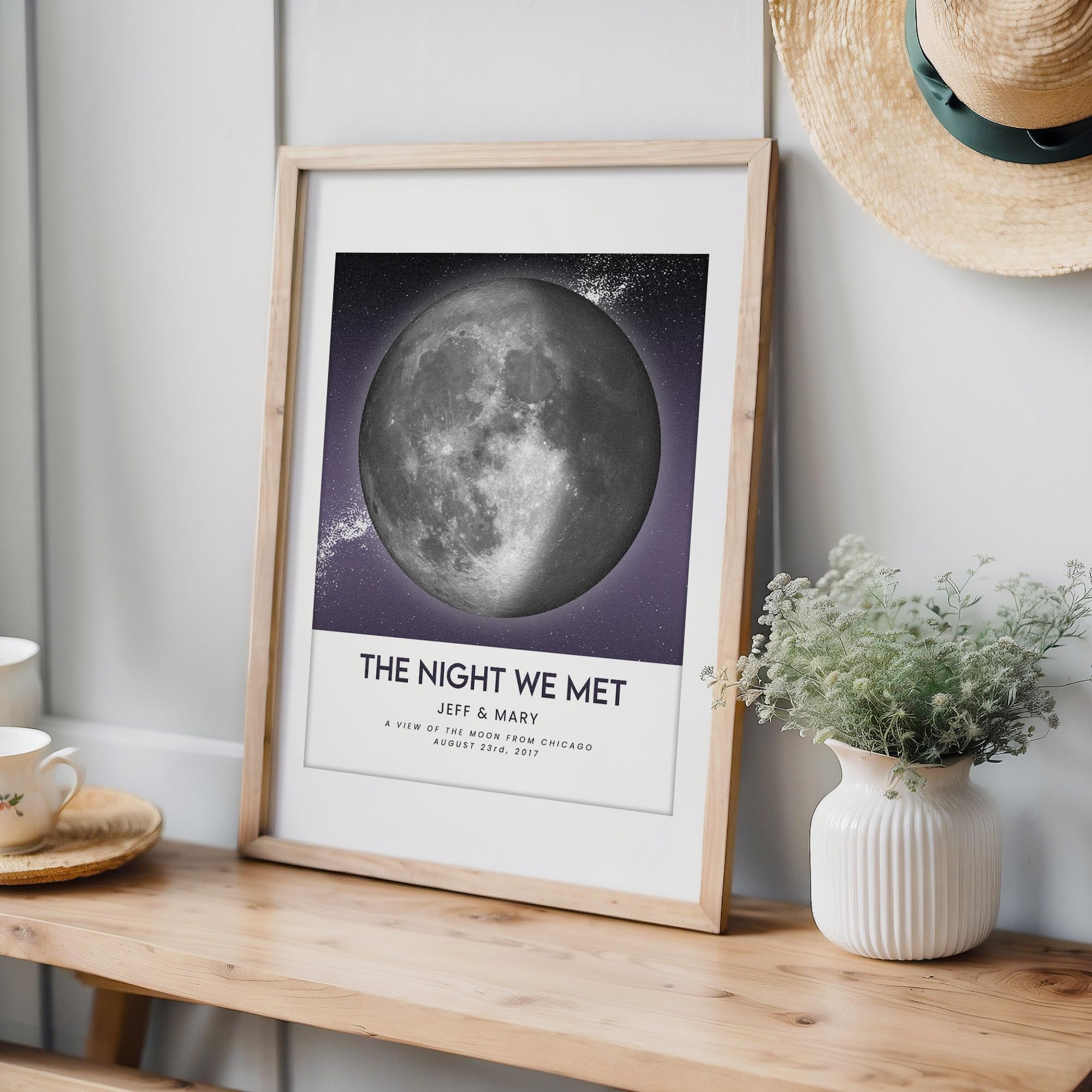 Custom Moon Phase Gift for Specific Date | Romantic Gifts for Her | Gifts for Husband | Personalized Night Sky | Paper Anniversary | (e.g. Wedding Valentine's Day Birthday etc) | Grey with Thin Border & Front Glow