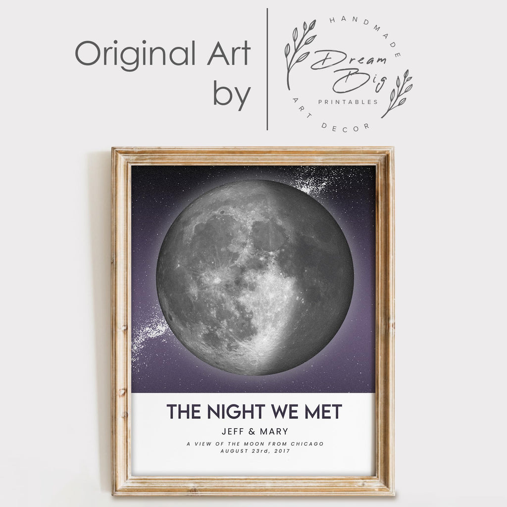 Custom Moon Phase Gift for Specific Date | Romantic Gifts for Her | Gifts for Husband | Personalized Night Sky | Paper Anniversary | (e.g. Wedding Valentine's Day Birthday etc) | Grey with Thin Border & Front Glow