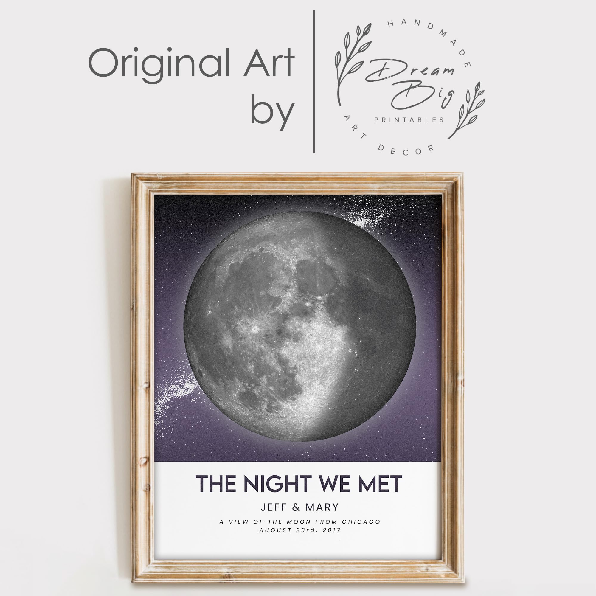 Custom Moon Phase Gift for Specific Date | Romantic Gifts for Her | Gifts for Husband | Personalized Night Sky | Paper Anniversary | (e.g. Wedding Valentine's Day Birthday etc) | Grey with Thin Border & Front Glow