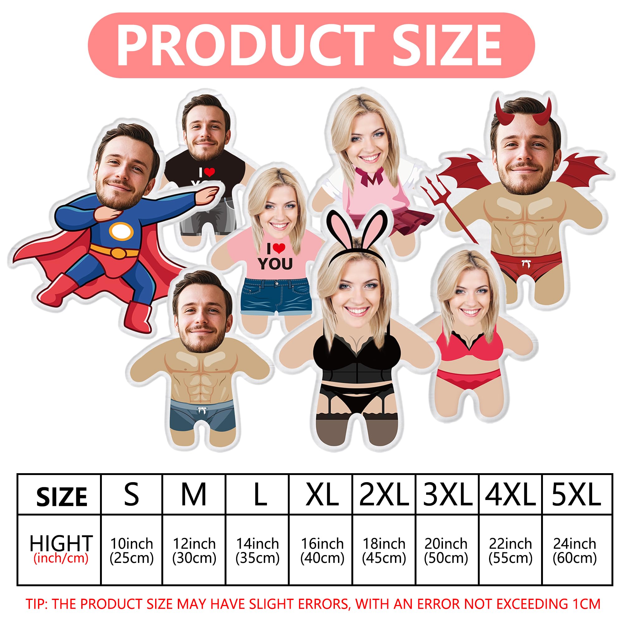 Custom Face Pillow Cute Personalized Photo Plush Doll 3D Double-Sided Plush Stuffed Pillow for Home Sofa Decor Customized Funny Pillow for Valentines Day Gifts for Boyfriend Girlfriend Him Her