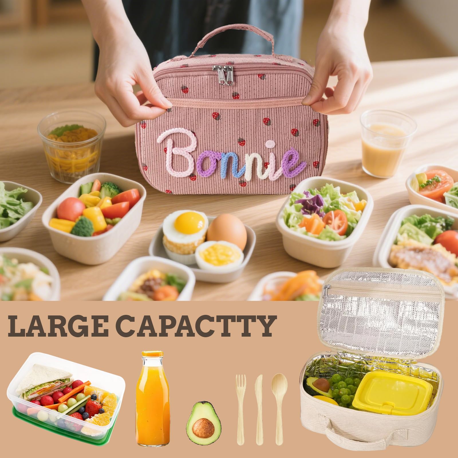 Personalized Kids Insulated Lunch Bag with Name & Logo Customization Portable Preppy Children Lunch Box Bag for Girls 3-Lays Insulated Large Lunch Tote Toxes for School Travel Picnic Birthday Gifts