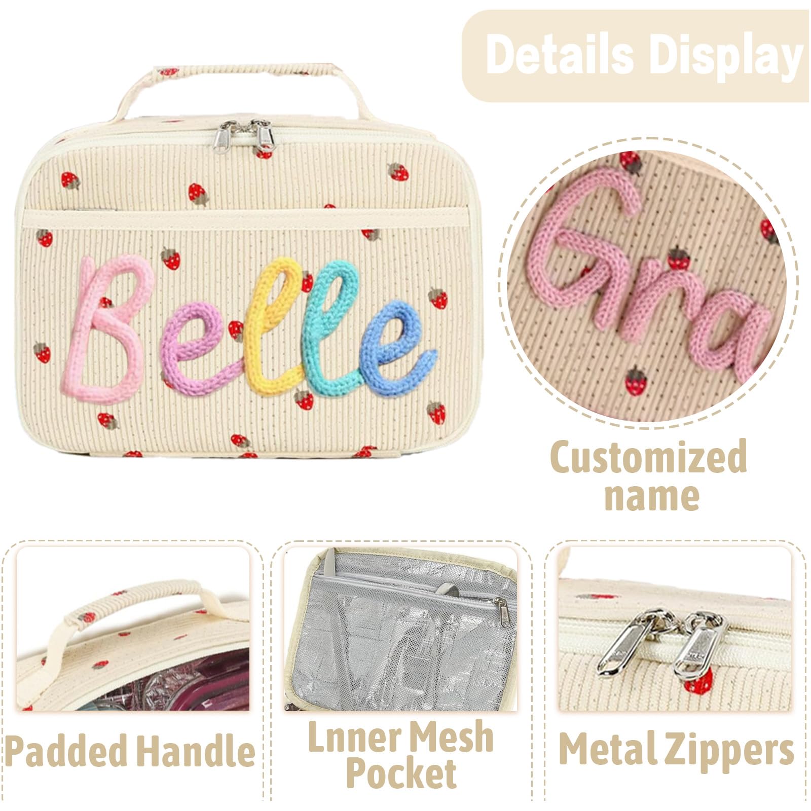 Personalized Kids Insulated Lunch Bag with Name & Logo Customization Portable Preppy Children Lunch Box Bag for Girls 3-Lays Insulated Large Lunch Tote Toxes for School Travel Picnic Birthday Gifts
