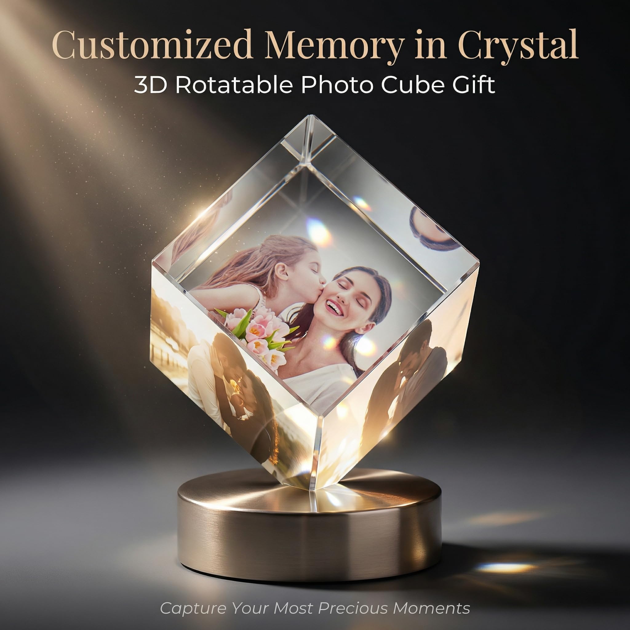 Personalized Photo Collage Frame 3D Rotatable Crystal Cube Custom Multi Picture Frame DIY Wedding Photo Frame Personalized Keepsake Gift for Wedding Gifts Home Decoration Family Love Friends
