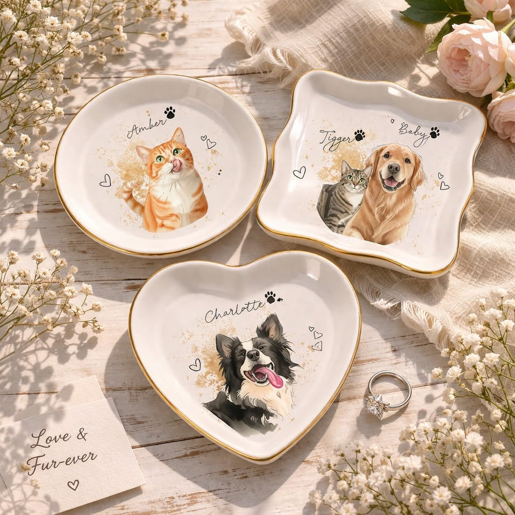 Custom Pet Jewelry Tray Watercolor Dog Portrait Ceramic Trinket Ring Dish Personalized Photo Jewelry Storage Keepsake Dog Cat Memorial Gift Pet Lover Gift