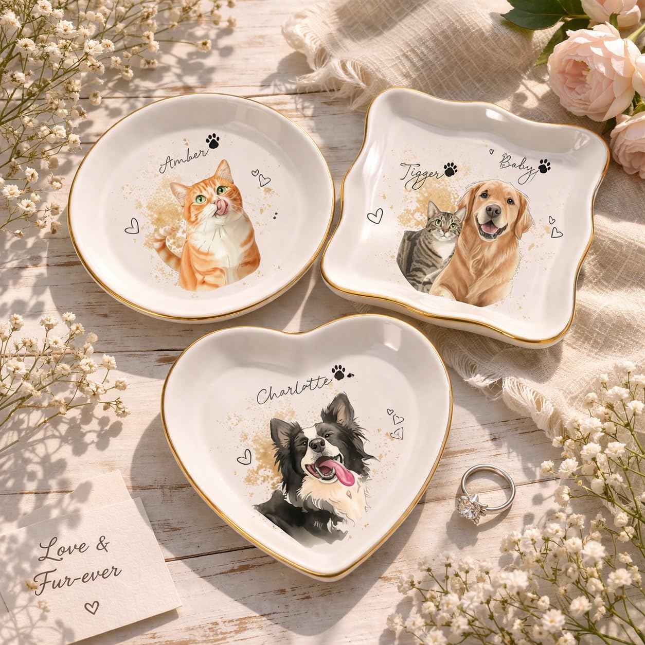 Custom Pet Jewelry Tray Watercolor Dog Portrait Ceramic Trinket Ring Dish Personalized Photo Jewelry Storage Keepsake Dog Cat Memorial Gift Pet Lover Gift