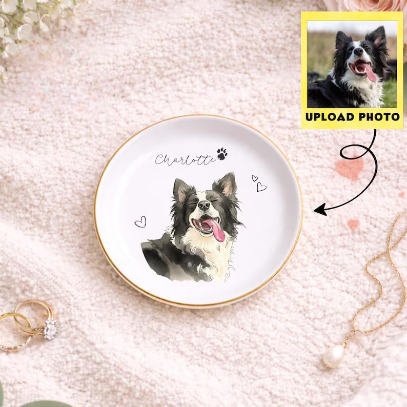 Custom Pet Jewelry Tray Watercolor Dog Portrait Ceramic Trinket Ring Dish Personalized Photo Jewelry Storage Keepsake Dog Cat Memorial Gift Pet Lover Gift